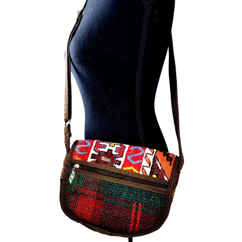 Vintage 80s 90s Southwestern Leather Turkish Kilim Bag Cross Body Boho Purse